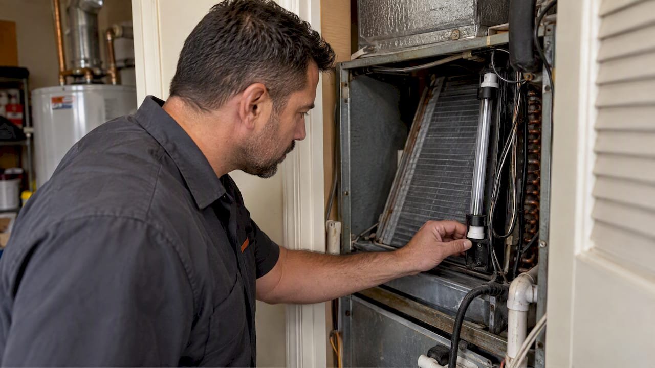 Technician inspecting an HVAC coil UV light